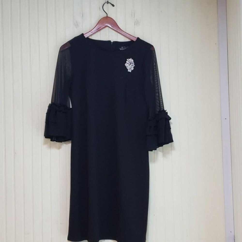 Studio Badgley Mischka Dress Womens Medium Black Sheer Bell Sleeve Shift Knee
